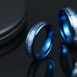 Unique Silver Celtic Dragons With Blue Background Tungsten Steel Inlay Rings