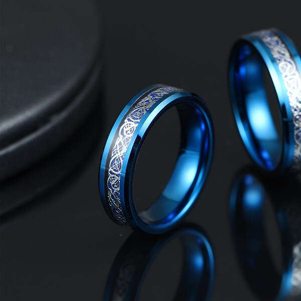 New Arrival China Tungsten Ring Used - Unique Silver Celtic Dragons With Blue Background Tungsten Steel Inlay Rings – Ouyuan detail pictures