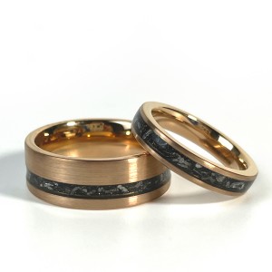 Matt Black And Gold Tungsten Ring With Crushed Meteorite Inlay For Men