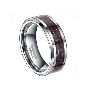 8MM Mens Tungsten Ring Wedding Band Black Plated with Silver and Red Carbon Fiber Inlay