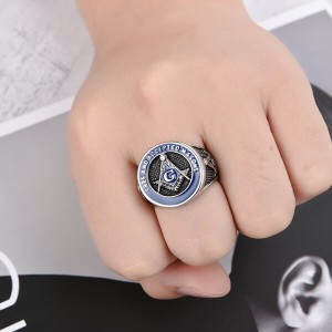 Jewelers Stainless Steel Blue Tone Vintage Freemason Masonic Rings