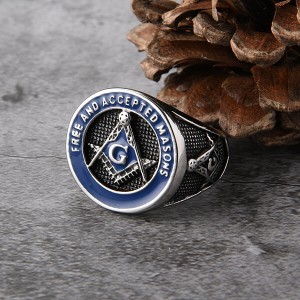 Jewelers Stainless Steel Blue Tone Vintage Freemason Masonic Rings