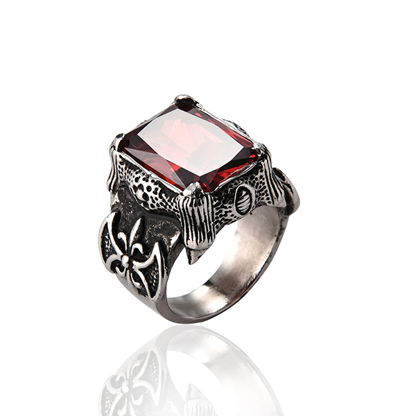 Mens Square Red Garnet Ruby Stainless Steel Solitaire Wedding Band Rings Jewelry Featured Image