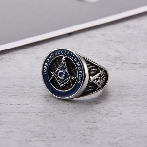 Jewelers Stainless Steel Blue Tone Vintage Freemason Masonic Rings