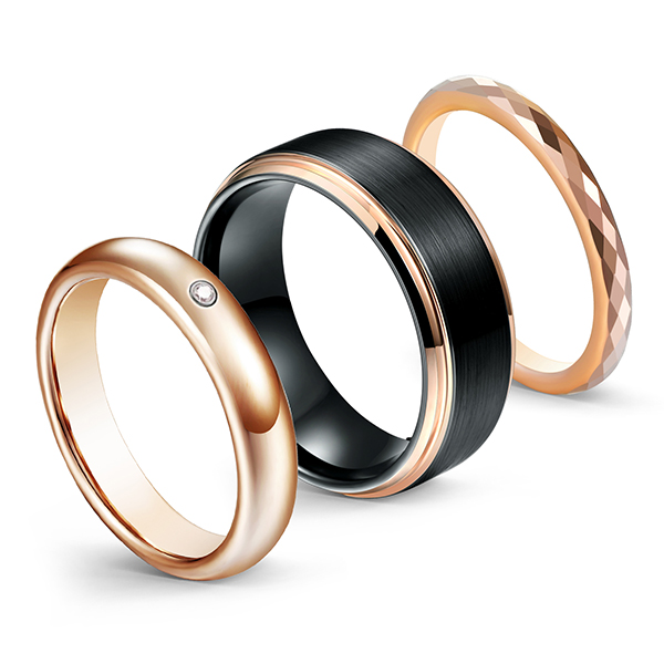 Black with Rose Gold Brushed Multi-Faceted High Polish Tungsten Steel Rings for Men Featured Image
