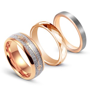 Rose gold ring combination imitation meteorite inlaid multi-faceted brushed tungsten steel ring