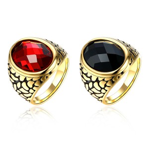 Vintage Style Round Gold-Plated Red and Black Gemstone Ring