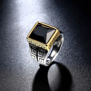 European Retro Fashion Men’s Ring Square Black Gems Jewelry