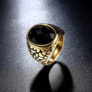 Vintage Style Round Gold-Plated Red and Black Gemstone Ring
