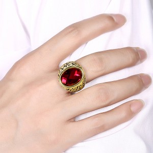 Vintage Style Round Gold-Plated Red and Black Gemstone Ring