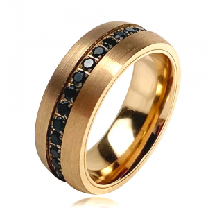 8mm Brushed Finished Inlay Black Zircon Tungsten Ring Gold Plated 24K Fashion Jewelry Wedding Rings Couple Set