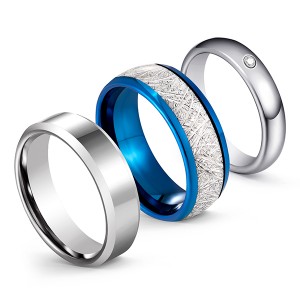 Silver Matching Series Imitation Meteorite Inlaid Classic Brushed Tungsten Steel Ring