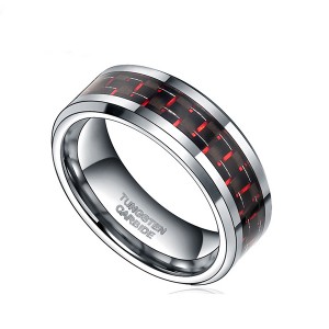 8MM Mens Tungsten Ring Wedding Band Black Plated with Silver and Red Carbon Fiber Inlay