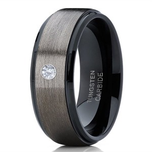 CZ Tungsten Carbide Ring 8mm Polished Beveled Edge Matte Brushed Finish Center Wedding Band