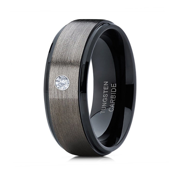 CZ Tungsten Carbide Ring 8mm Polished Beveled Edge Matte Brushed Finish Center Wedding Band Featured Image