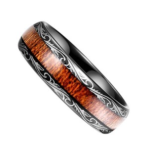 Men’s Black Tungsten Carbide Wedding Band Wood Inlay Floral Design Engagement Ring