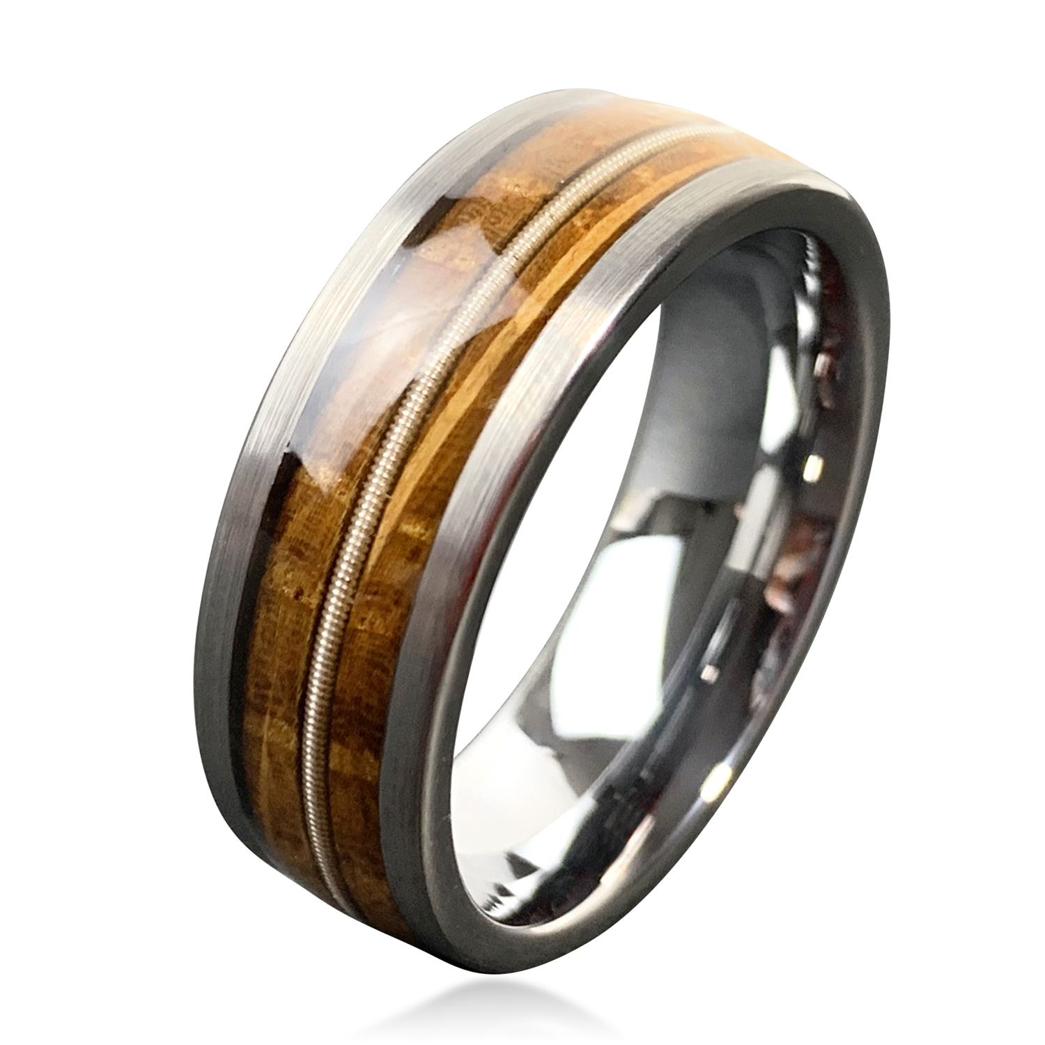 8mm Brushed Domed Hammered Silver Black Coffee Rose Gold Tungsten Guitar String Ring With Whiskey Barrel Koa Wood Inlay Featured Image