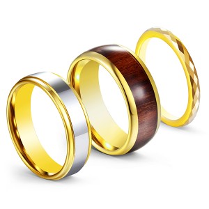 3pcs/set Gold-Plated High-Polished Wood Inlaid Tungsten Steel Rings for Men