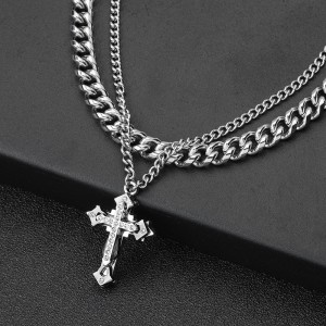 Stainless Steel Cz Crystal Diamond Cross Pendant Men’s Necklace Women