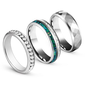 Affordable Combination Silver with Diamonds and Emeralds Inlaid Tungsten Ring Unisex