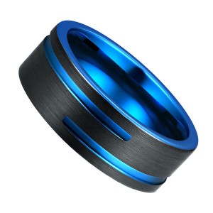 Tungsten Carbide Single Band Customize Blue Line Ring Black and Black Brushed Comfort Fit