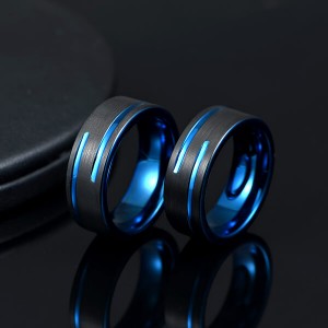 Tungsten Carbide Single Band Customize Blue Line Ring Black and Black Brushed Comfort Fit