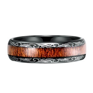 Men’s Black Tungsten Carbide Wedding Band Wood Inlay Floral Design Engagement Ring