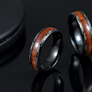 Men’s Black Tungsten Carbide Wedding Band Wood Inlay Floral Design Engagement Ring