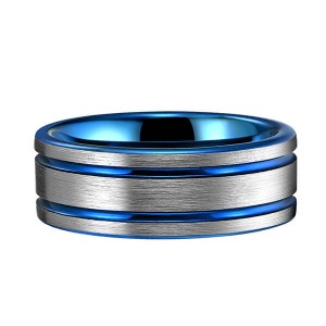 Classic Men 8mm Blue Tungsten Carbide Rings Polished Beveled Edge Double Groove For Mens
