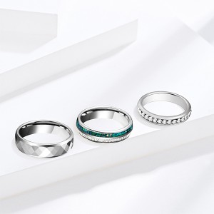 Affordable Combination Silver with Diamonds and Emeralds Inlaid Tungsten Ring Unisex