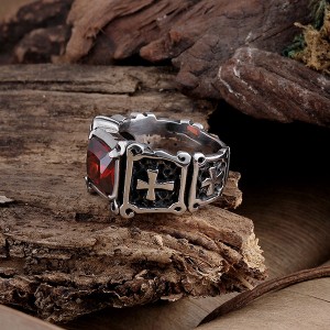 Locomotive Style Cross Pattern Inlaid Ruby Stainless Steel Ring