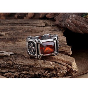 Locomotive Style Cross Pattern Inlaid Ruby Stainless Steel Ring