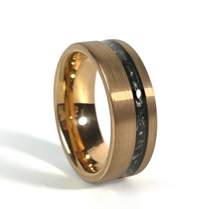 Matt Black And Gold Tungsten Ring With Crushed Meteorite Inlay For Men