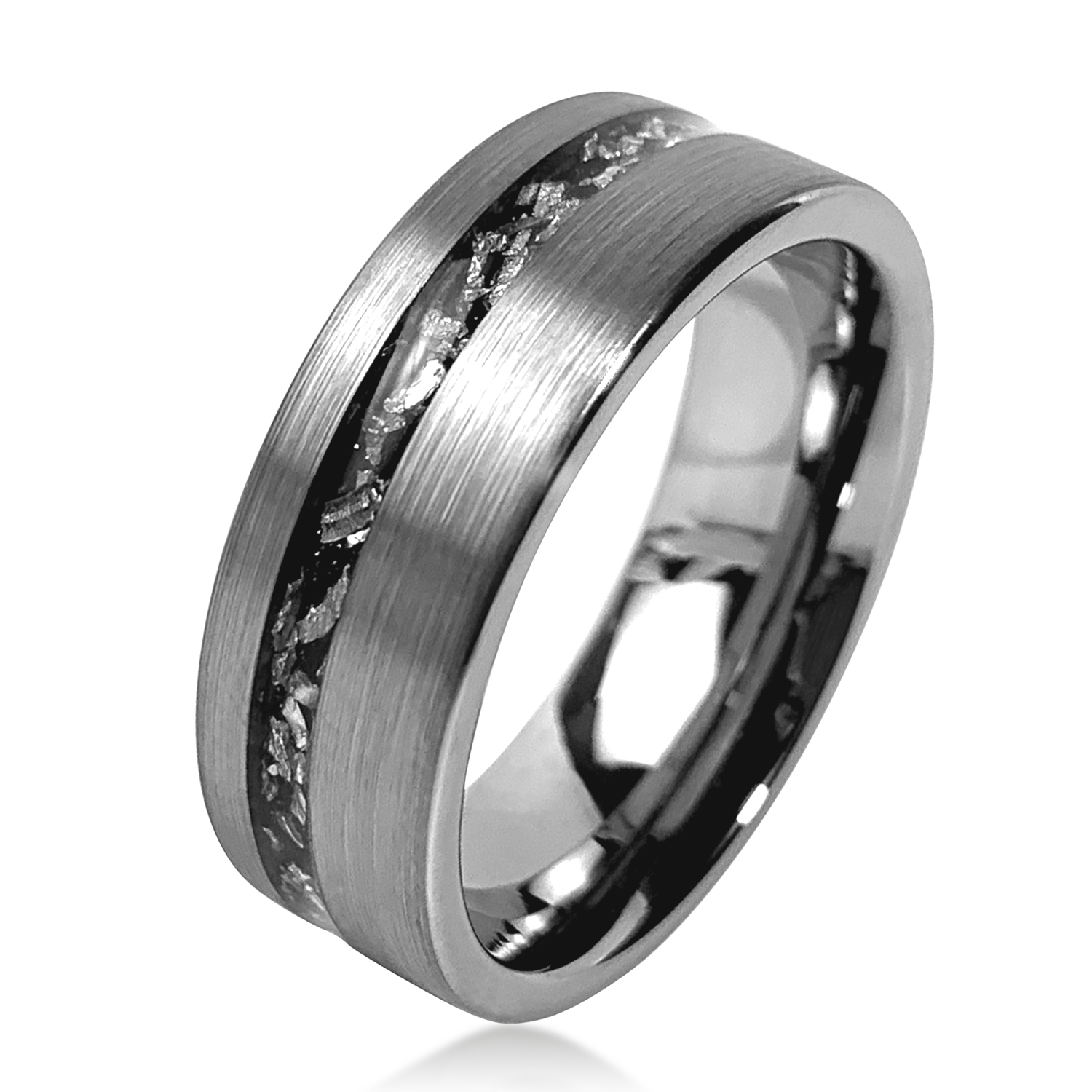 Popular Matt Black Tungsten Ring With Crushed Meteorite Inlay Featured Image
