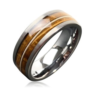 8mm Brushed Domed Hammered Silver Black Coffee Rose Gold Tungsten Guitar String Ring With Whiskey Barrel Koa Wood Inlay