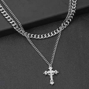Stainless Steel Cz Crystal Diamond Cross Pendant Men’s Necklace Women