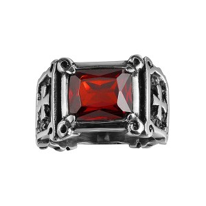 Locomotive Style Cross Pattern Inlaid Ruby Stainless Steel Ring