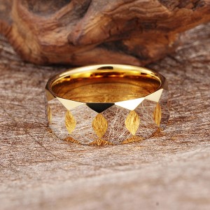 Trendy New Diamond Facet Plated Gold Tungsten Ring for Men