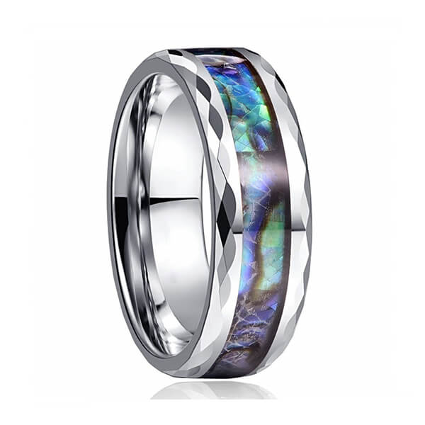 8mm Abalone Shell Tungsten Carbide Rings Unisex Wedding Bands Faceted Edge Comfort Featured Image