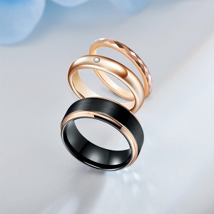 Black with Rose Gold Brushed Multi-Faceted High Polish Tungsten Steel Rings for Men