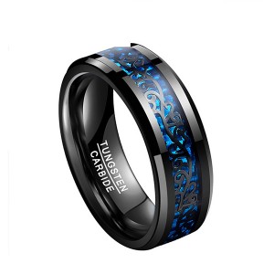 Men Inlaid Blue Carbon Fiber Ring New Tungsten Carved Black Rings