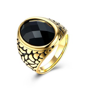 Vintage Style Round Gold-Plated Red and Black Gemstone Ring