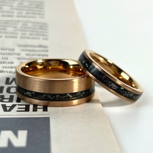 Matt Black And Gold Tungsten Ring With Crushed Meteorite Inlay For Men