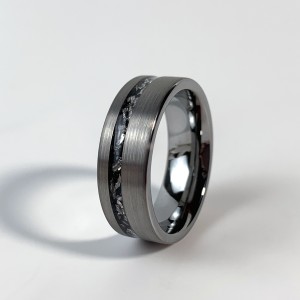 Popular Matt Black Tungsten Ring With Crushed Meteorite Inlay