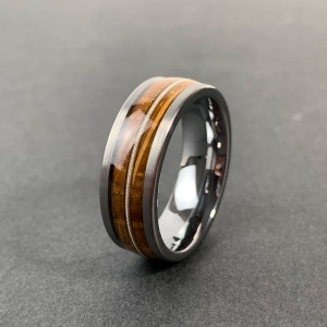 8mm Brushed Domed Hammered Silver Black Coffee Rose Gold Tungsten Guitar String Ring With Whiskey Barrel Koa Wood Inlay