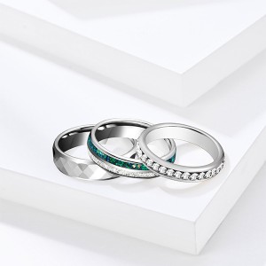 8mm 6mm Simple Affordable Combination Silver with Diamonds and Emeralds Inlaid Tungsten Ring Unisex