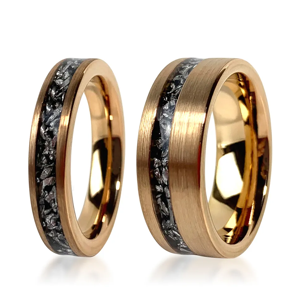 8mm Brushed Finished Inlay Black Zircon Tungsten Ring Gold Plated 24K Fashion Jewelry Wedding Rings Couple Set Featured Image