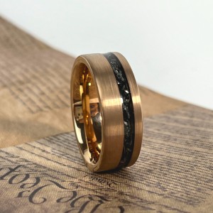 Matt Black And Gold Tungsten Ring With Crushed Meteorite Inlay For Men