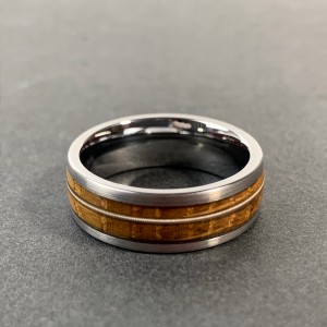 8mm Brushed Domed Hammered Silver Black Coffee Rose Gold Tungsten Guitar String Ring With Whiskey Barrel Koa Wood Inlay