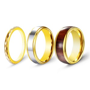 3pcs/set Gold-Plated High-Polished Wood Inlaid Tungsten Steel Rings for Men